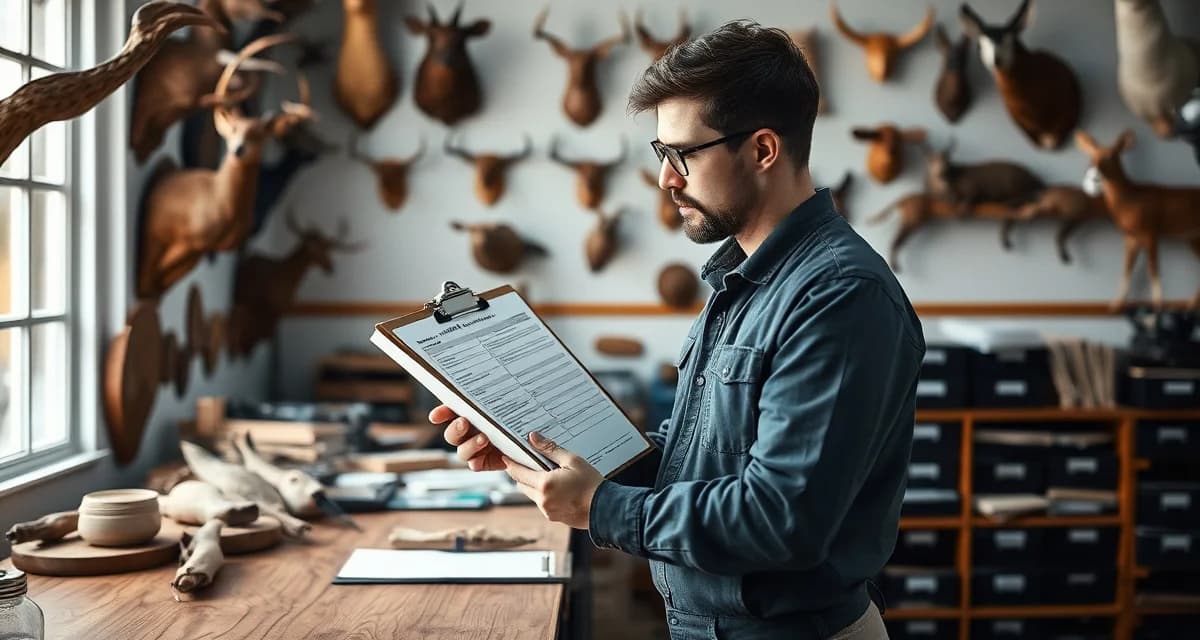 Digital intake form management for taxidermy businesses Taxidermy shop manager completing a professional intake form with specimen details and customer information documented