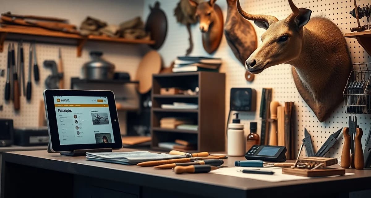 Digital taxidermy intake workflow Modern taxidermy intake form process using digital tablet and AI photo capture in professional shop workspace