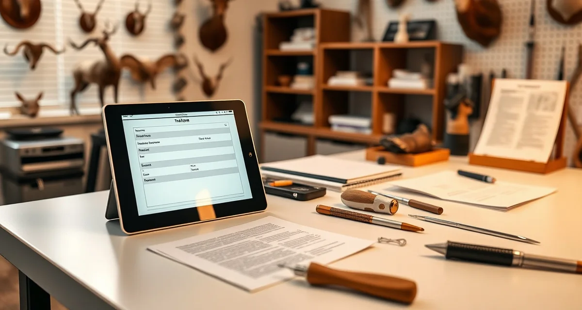 Modern digital intake form for taxidermy business management Digital taxidermy intake form displayed on tablet with organized paperwork and professional studio setup in background