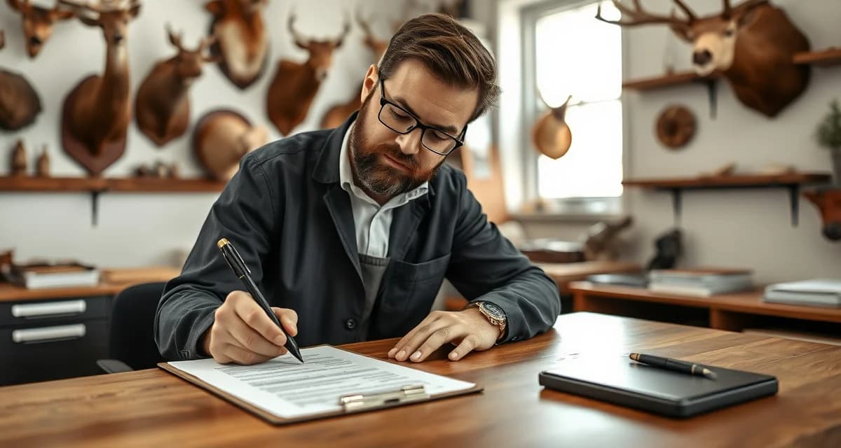 Professional intake form documentation for taxidermy shops Taxidermy shop owner completing a customer intake form at desk with professional documentation visible