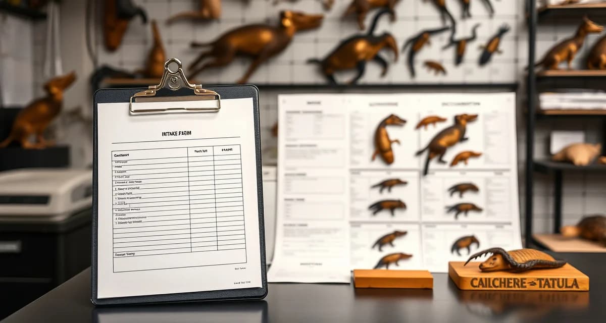 Taxidermy intake form best practices Professional taxidermy intake form template displayed on clipboard in organized workshop setting for specimen documentation