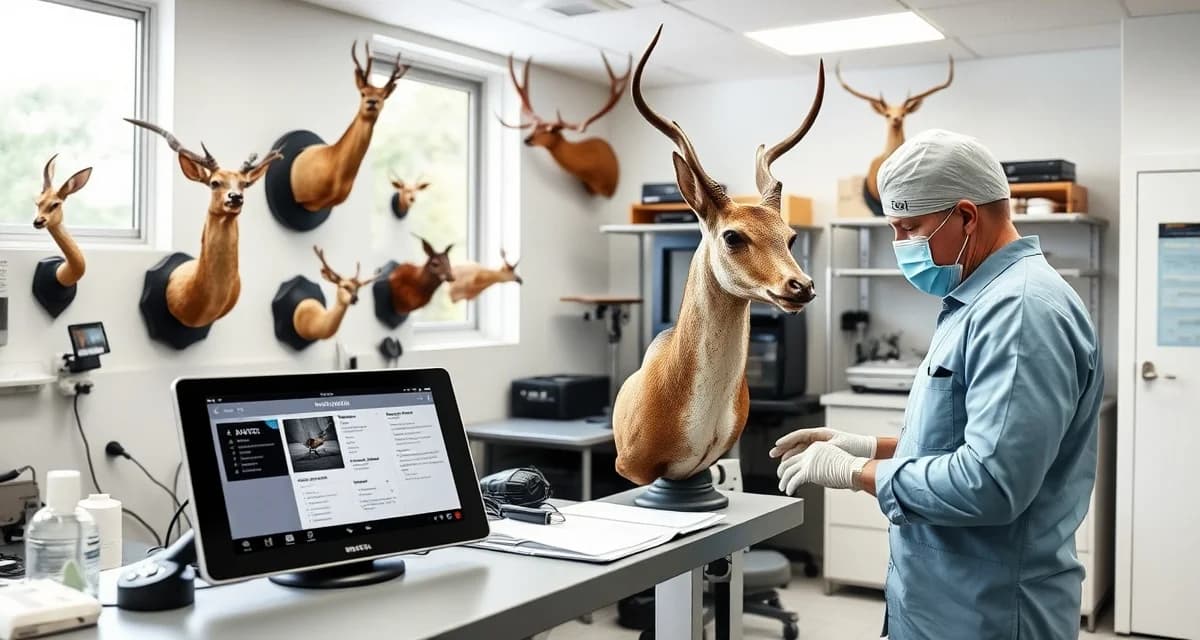 MountChief AI intake reduces taxidermy processing time Taxidermy intake station showing AI-powered software streamlining specimen documentation and processing workflow compared to traditional paper methods.