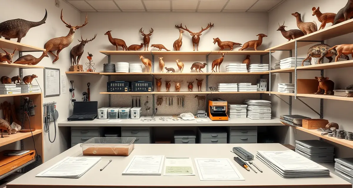 Professional taxidermy intake station layout Well-organized taxidermy shop intake station with equipment, forms, and workspace designed to streamline specimen processing and reduce handling time.