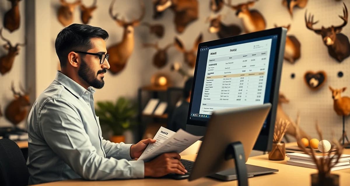 Streamlined taxidermy invoice management system Taxidermy shop owner managing automated invoices and payments using modern billing software for faster cash flow