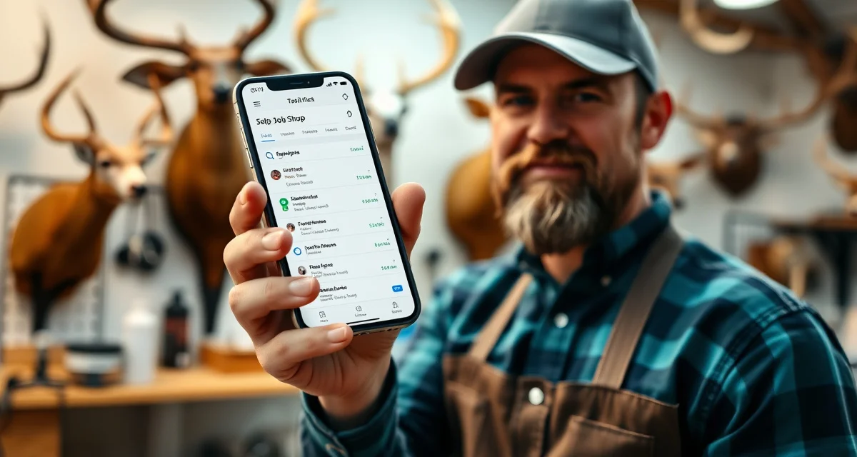 Mobile taxidermy management software in action Taxidermy shop owner using mobile job tracking software on smartphone to manage orders and customer communication from their workshop