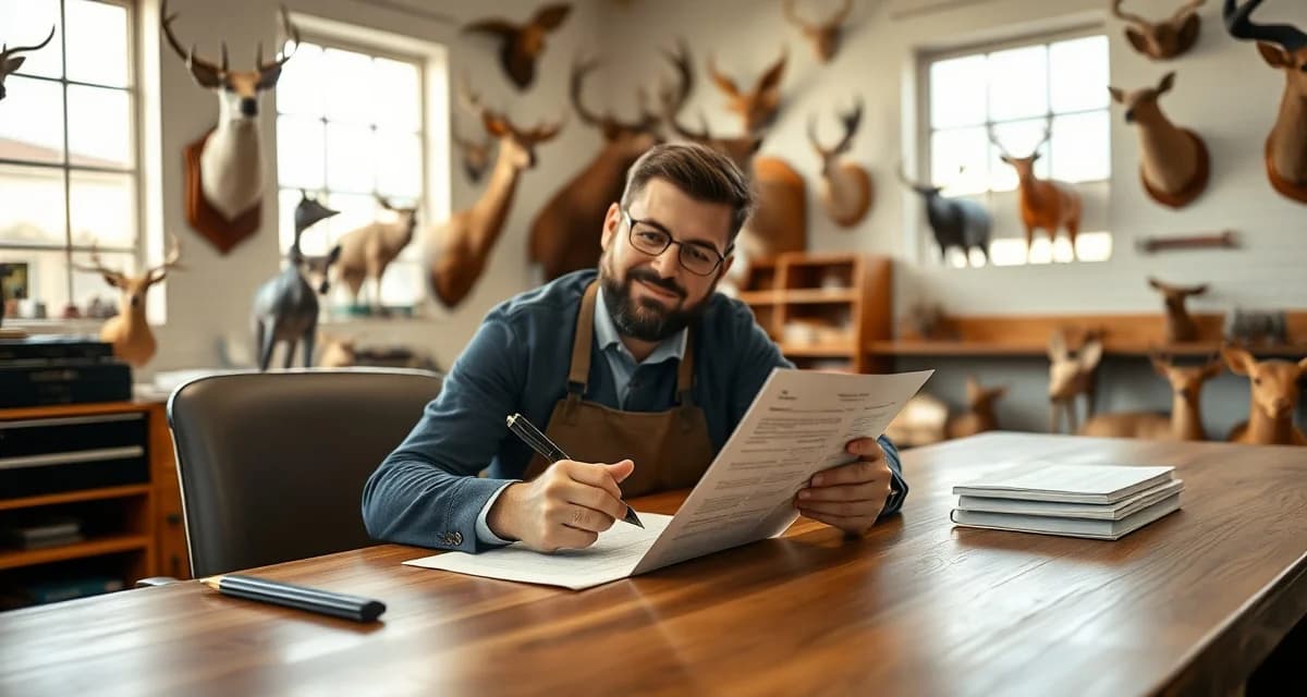Professional liability waiver signing process Taxidermy shop owner signing a liability waiver document at desk with professional intake forms visible