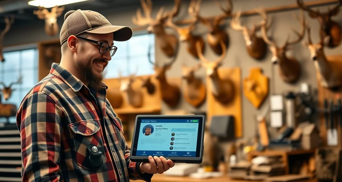Customer loyalty program dashboard for taxidermy businesses Taxidermy shop loyalty program interface showing customer rewards tier system and booking incentives for hunters