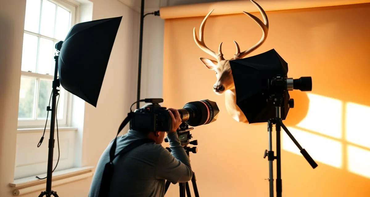 Studio lighting setup for taxidermy photography Professional taxidermy mount photography setup showing proper lighting and camera positioning for capturing finished taxidermy pieces