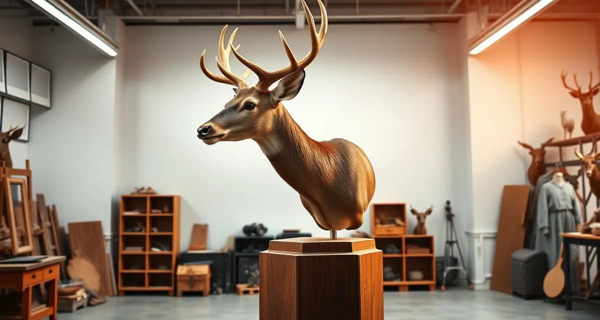 Premium Taxidermy Mount Pricing Reference Professional taxidermy shop displaying expertly mounted deer shoulder specimen with detailed craftsmanship visible in warm studio lighting