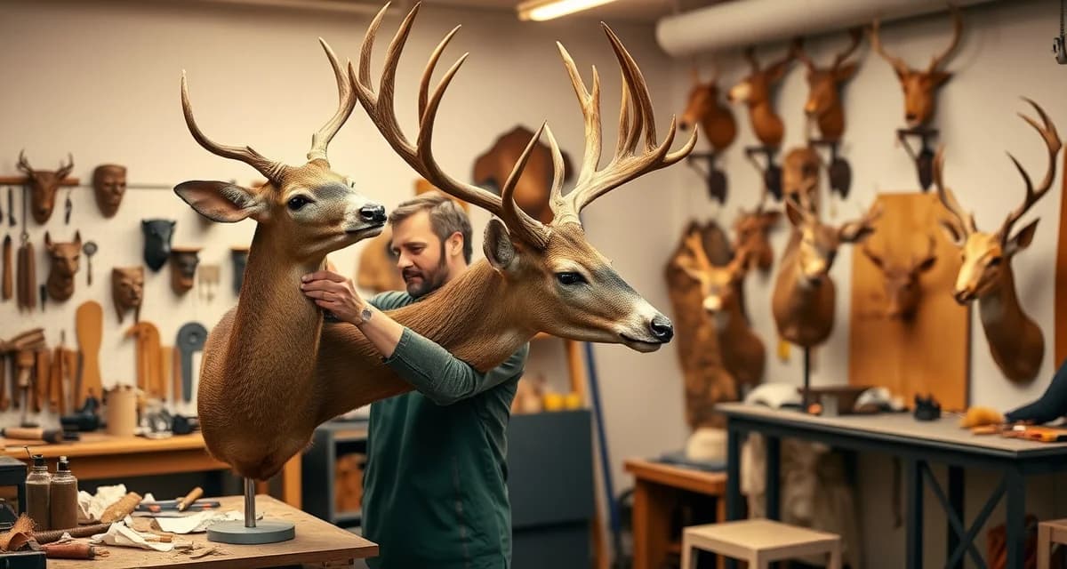 Taxidermy mount completion timeline and process Taxidermist working on a deer shoulder mount showing the detailed process timeline and craftsmanship involved in completing quality taxidermy work