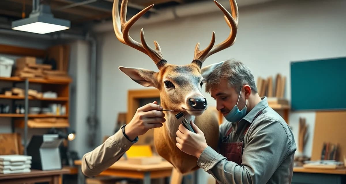 Taxidermy workmanship quality assurance inspection Professional taxidermist inspecting quality details on a finished taxidermy mount in a modern workshop setting with precision tools