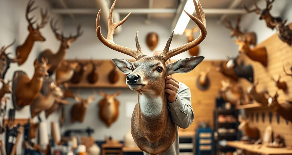 Expert taxidermy specialist with mounted trophy Taxidermy shop owner showcasing specialized mounted trophy in professional workshop environment demonstrating niche marketing expertise