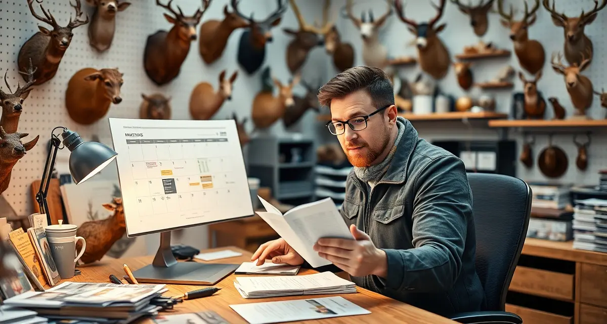 Off-season marketing planning for taxidermy businesses Taxidermy shop owner planning off-season marketing strategy with calendar and email campaigns to increase pre-season bookings