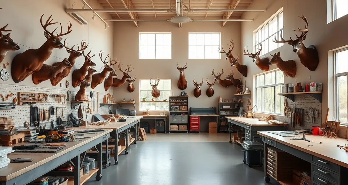 Summer offseason planning for taxidermy shops Organized taxidermy workshop during summer offseason with workbenches and mounted displays ready for fall season preparation.