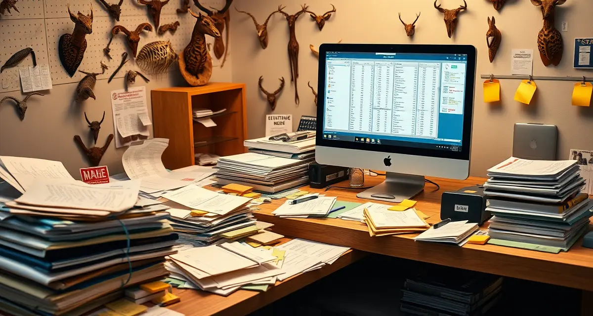 Why taxidermy shops are switching from paper to digital management software Comparison of organized digital taxidermy management software on computer versus cluttered paper filing system with binders and sticky notes.