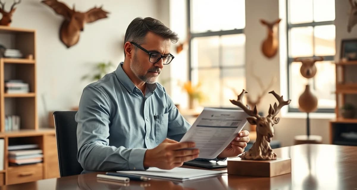 Payment dispute resolution documentation for taxidermy businesses Taxidermy shop owner reviewing payment dispute documentation and customer intake forms at desk with professional organization
