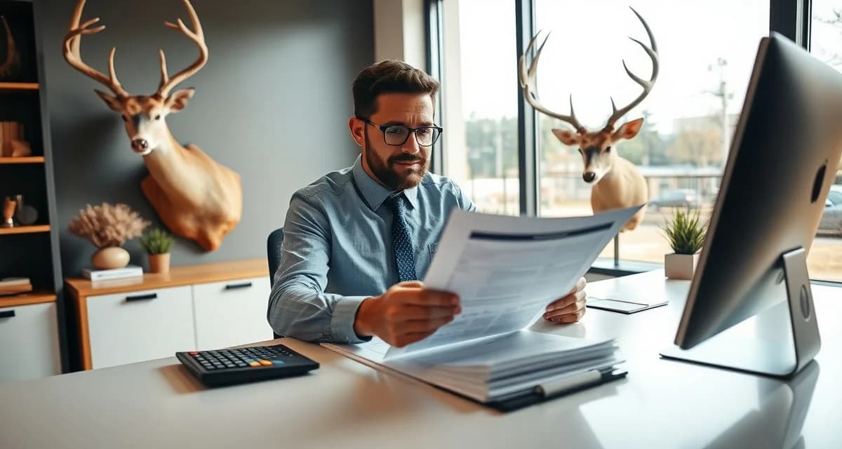 Structuring payment plans for taxidermy customers Taxidermy shop owner reviewing payment plan agreement documents for deer and elk mounts at professional desk
