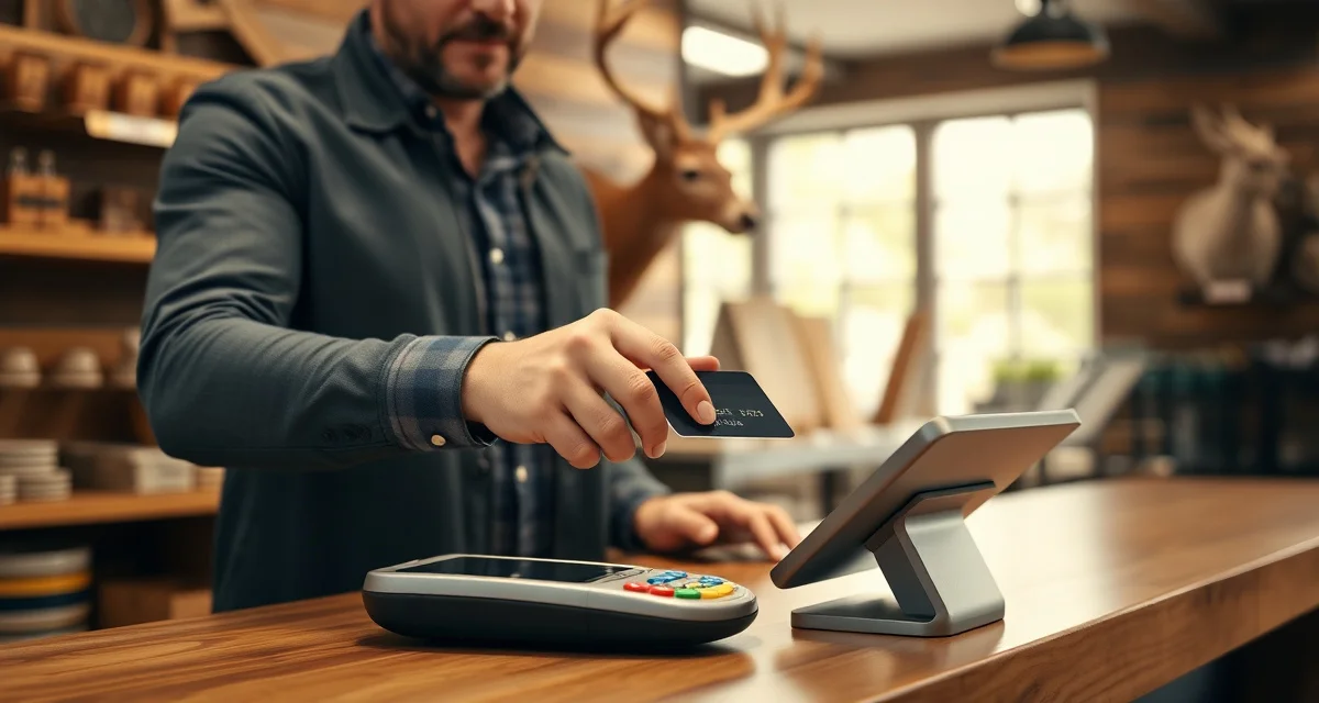 Modern payment processing for taxidermy shops Taxidermy shop owner accepting credit card payment on tablet near mounted deer shoulder display, showing modern payment processing
