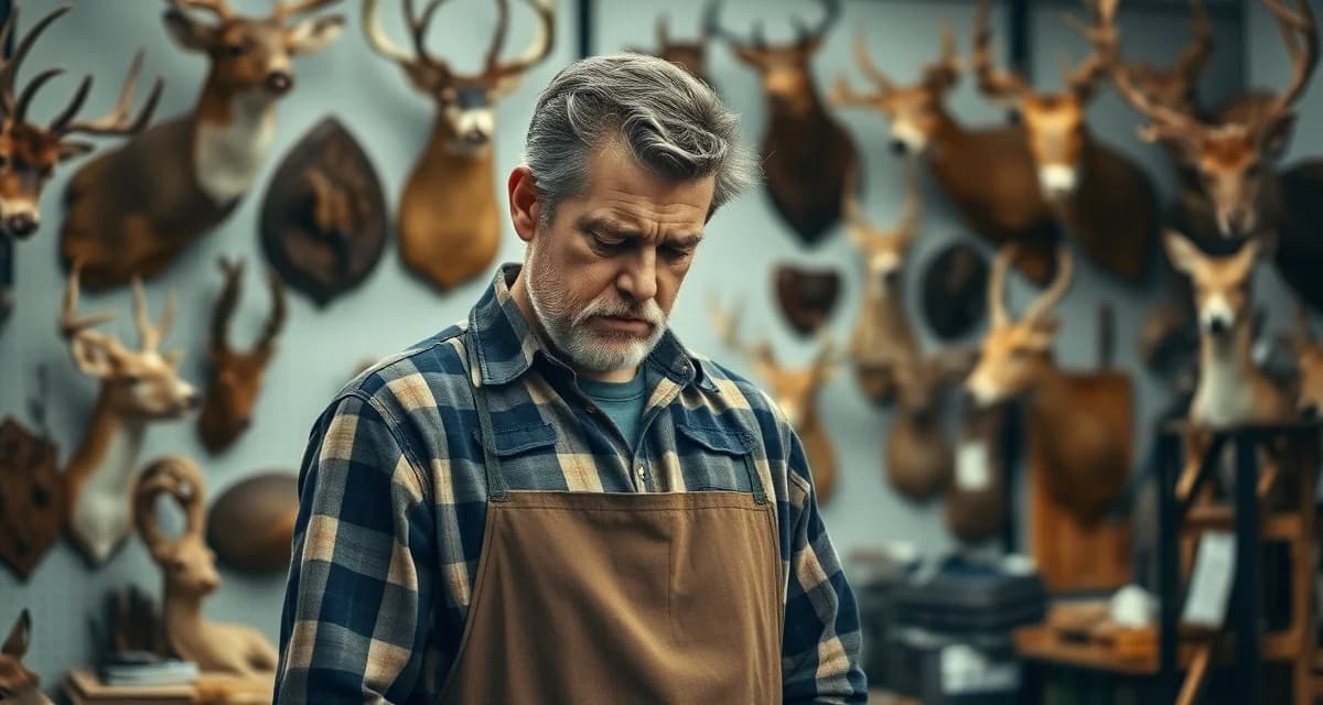 Taxidermist managing peak season workload stress Exhausted taxidermist working in busy shop during peak deer season, illustrating burnout symptoms and stress management