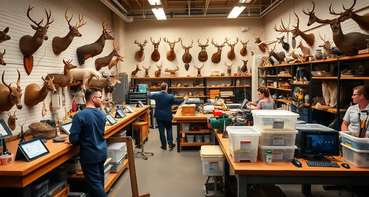 Taxidermy shop peak season management workflow Organized taxidermy shop workspace showing intake station, specimen management systems, and customer portal setup for peak season efficiency