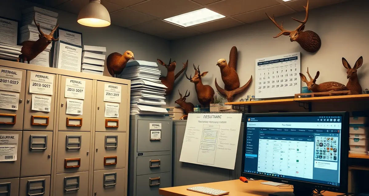 Wildlife permit compliance management for taxidermy businesses Taxidermy shop permit tracking system showing organized wildlife license documentation and digital renewal calendar for federal and state permits
