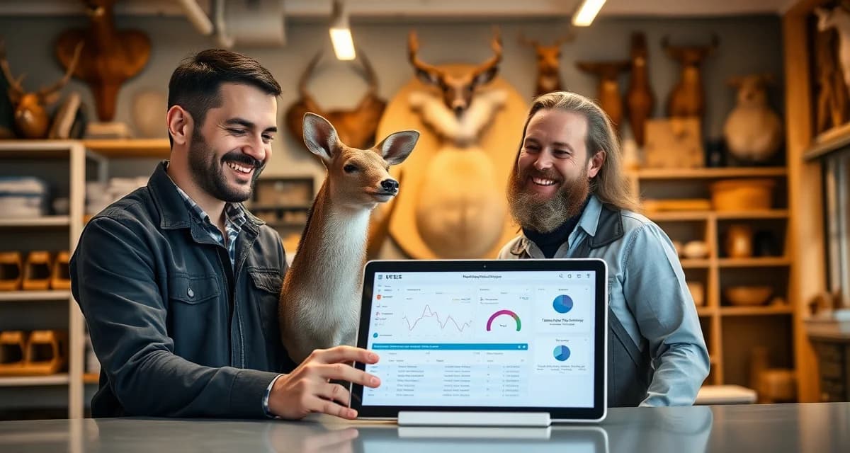 Customer pickup workflow in taxidermy business Taxidermy shop owner and customer reviewing completed mount during pickup appointment with automated management system