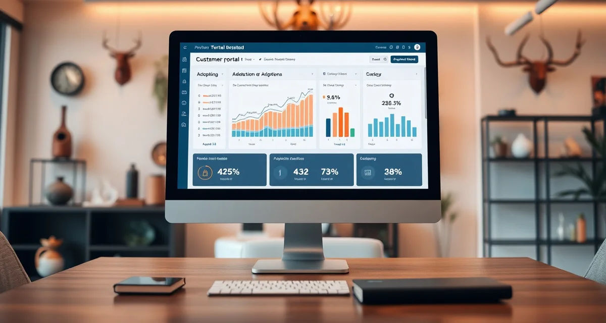Customer portal adoption success metrics dashboard Taxidermy shop customer portal dashboard showing 94% adoption rate with analytics and performance metrics on computer screen