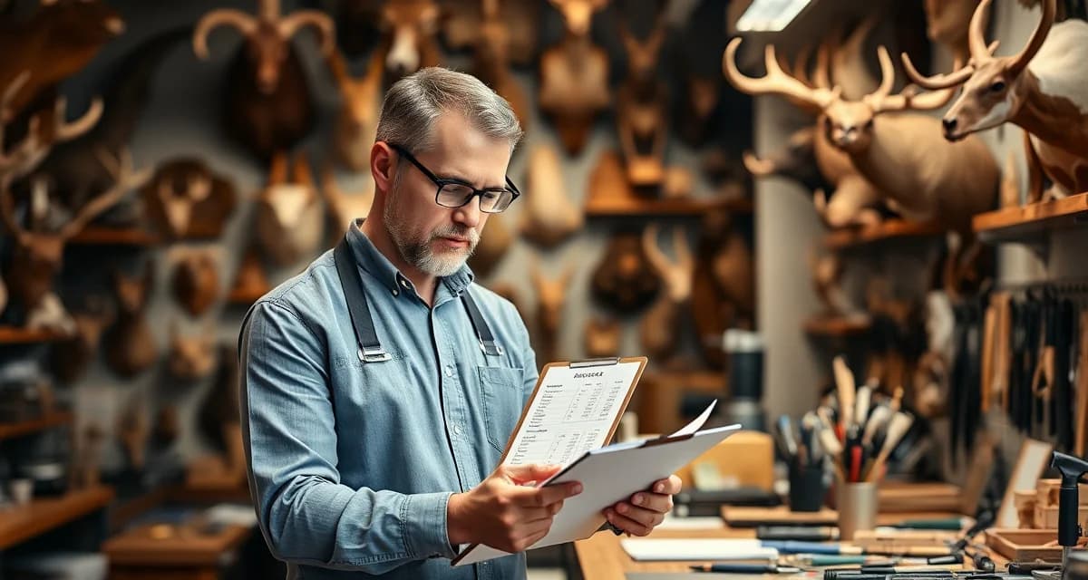 Taxidermy shop pricing adjustment framework Taxidermist reviewing pricing increase strategy with cost analysis charts and customer communication plan