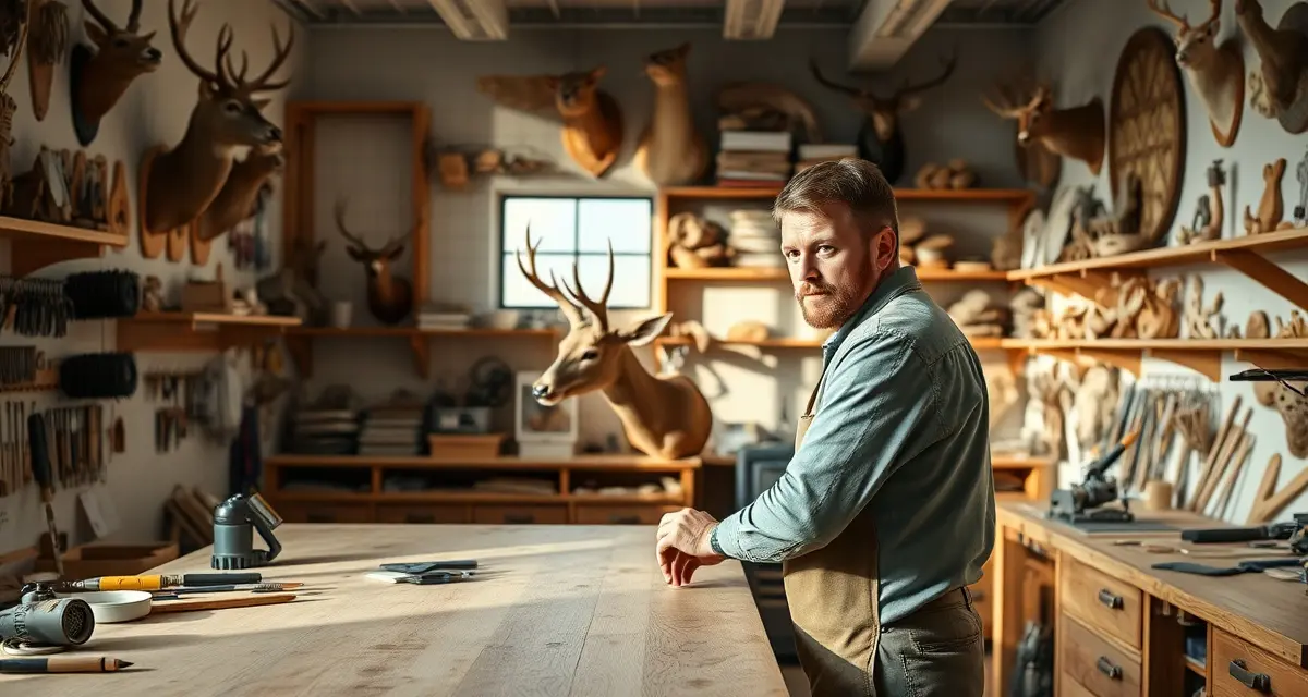 Efficient taxidermy shop production scheduling setup Organized taxidermy shop workbench showing species-batched production scheduling with mounted specimens and organized tools.