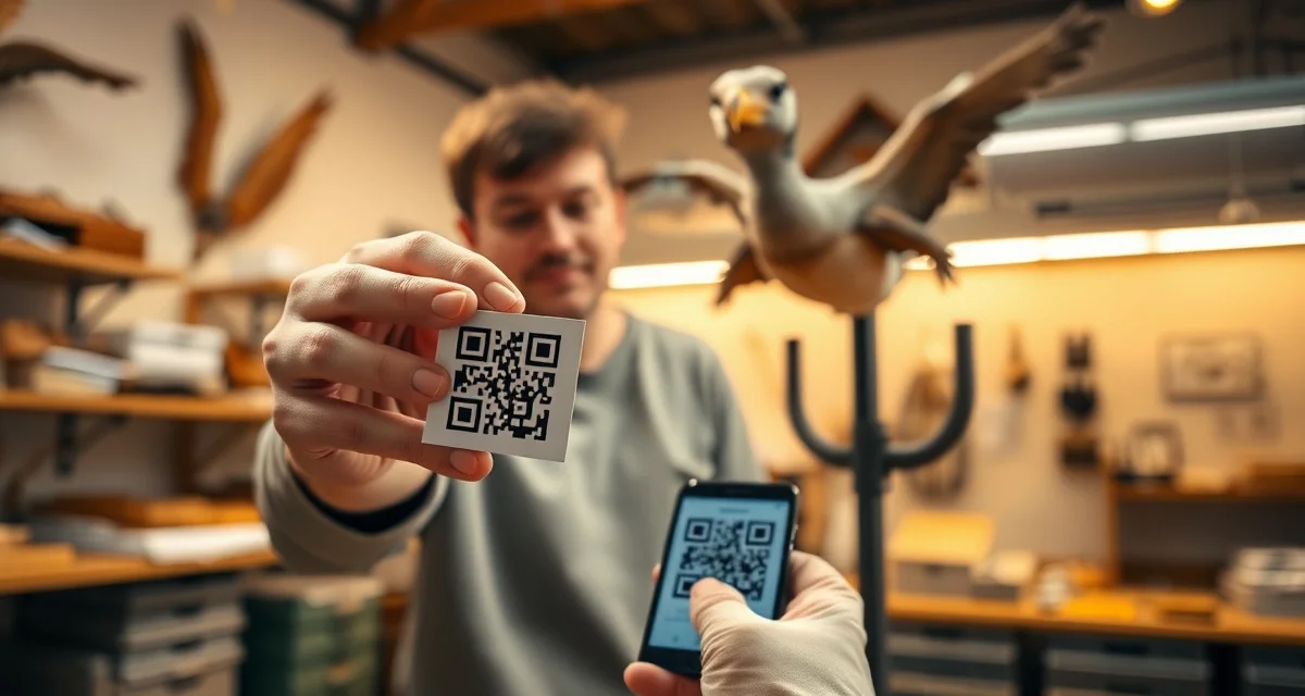 QR code tracking system for taxidermy specimen management QR code tag attached to taxidermy specimen with smartphone scanner showing chain of custody documentation in professional shop.