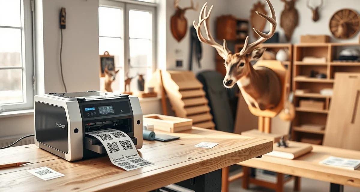 QR code labeling system for taxidermy specimen tracking Taxidermy shop QR tag printer setup on workbench with labeled specimens and organization system