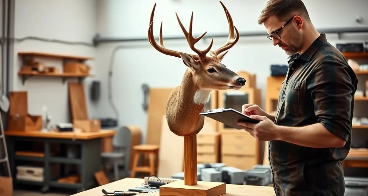 QA inspection best practices for taxidermy mounts Professional taxidermist conducting quality assurance inspection of finished deer mount using detailed checklist before customer delivery