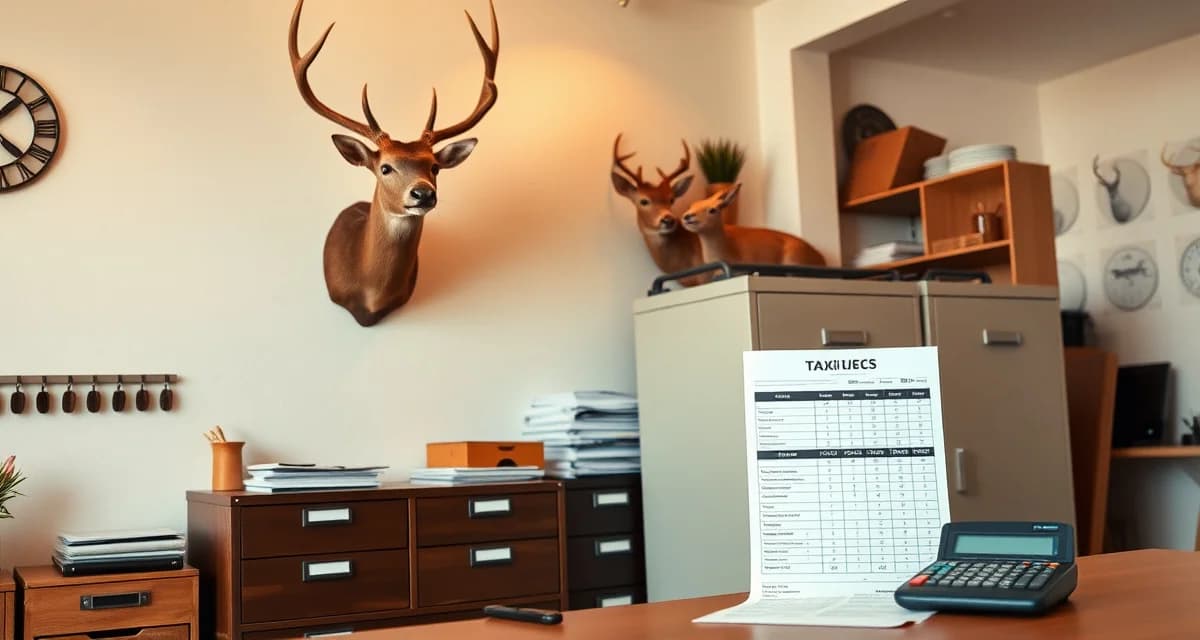 Quarterly tax payment planning for taxidermy business Organized taxidermy shop workspace showing quarterly tax documents, calculator, and filing system for self-employed tax planning.
