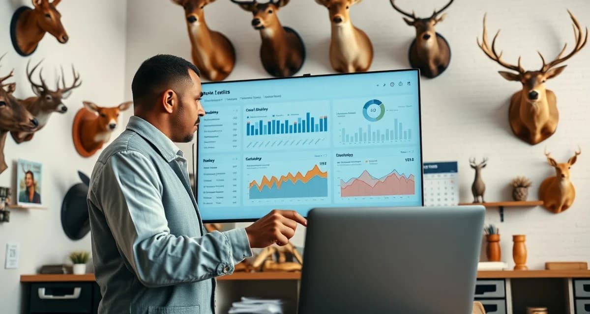 Building predictable revenue with customer loyalty programs Taxidermy shop manager analyzing recurring customer program data on digital dashboard with mounted deer visible in background