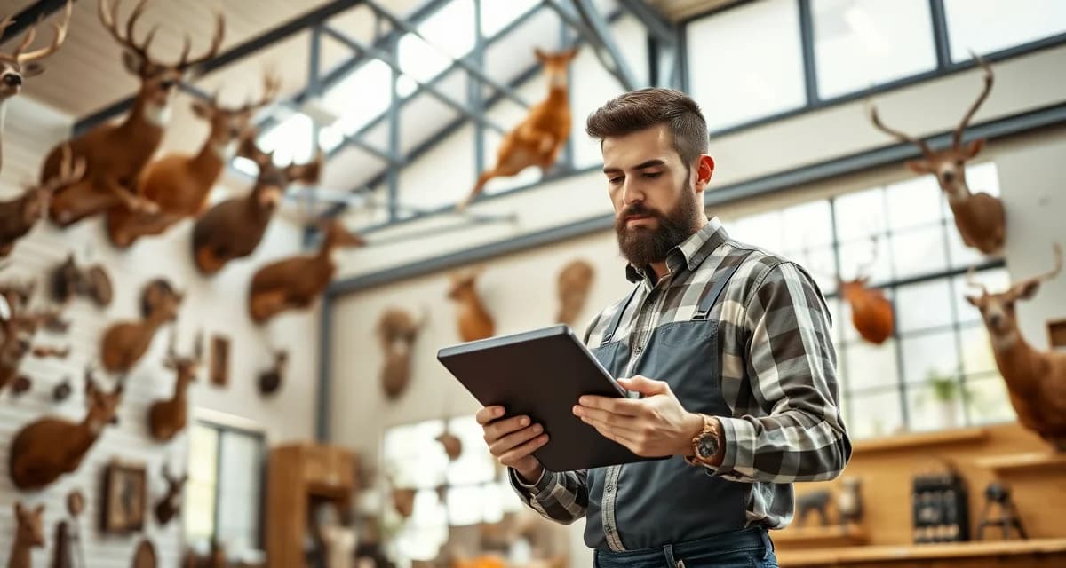 Repeat customer strategy for taxidermy business growth Taxidermy shop owner analyzing repeat customer data and sales history using business management software to increase customer lifetime value