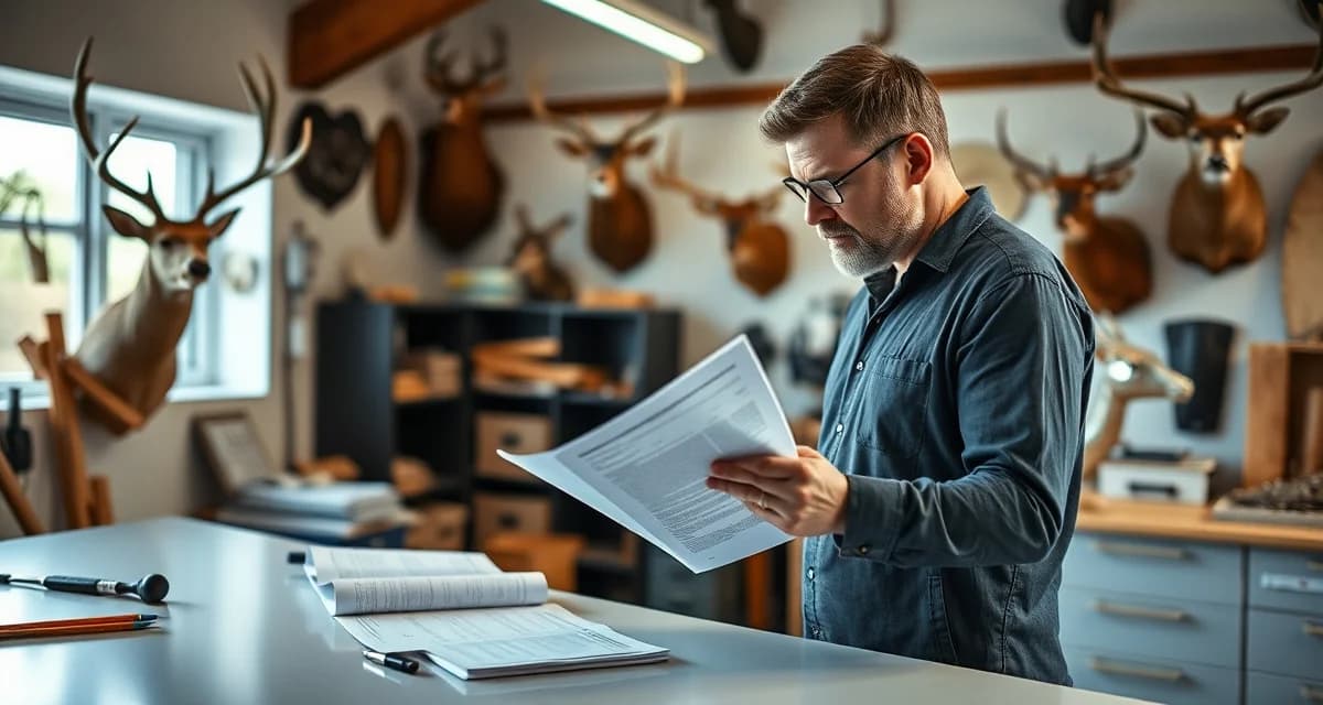 Understanding taxidermy sales regulations and legal requirements Taxidermist reviewing legal regulations for selling taxidermy mounts and game species documentation