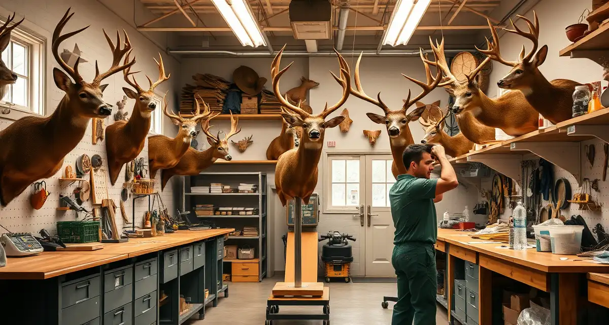 Preparing Your Taxidermy Shop for Peak Season Professional taxidermy shop during peak intake season showing organized workstations and mounted specimens in progress