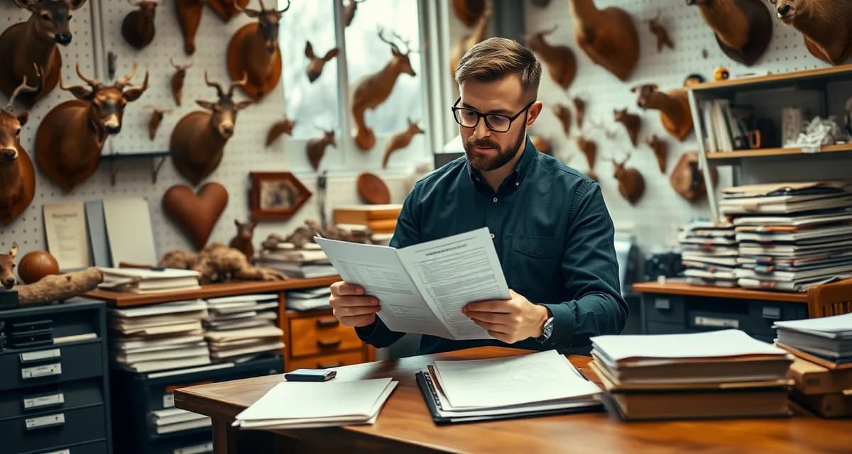 Due diligence guide for buying a taxidermy business Taxidermy shop owner evaluating acquisition documentation with compliance records and equipment assessment checklist visible