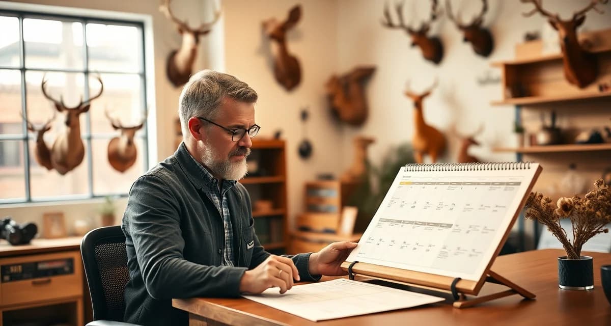 Annual planning strategy for taxidermy business success Taxidermy shop owner planning annual business strategy with seasonal roadmap calendar for year-round management