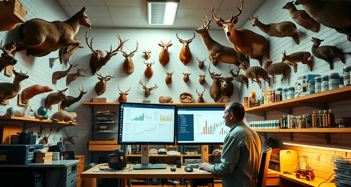 Taxidermy business revenue tracking and income analysis Taxidermy shop owner reviewing average income and business analytics on computer dashboard in professional studio workspace