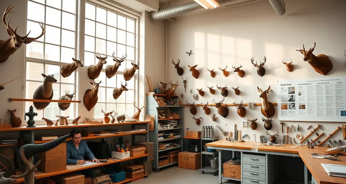 Professional Taxidermy Business Backlog Timeline Organized taxidermy shop workspace showing typical 6-12 month backlog project timeline and workflow management