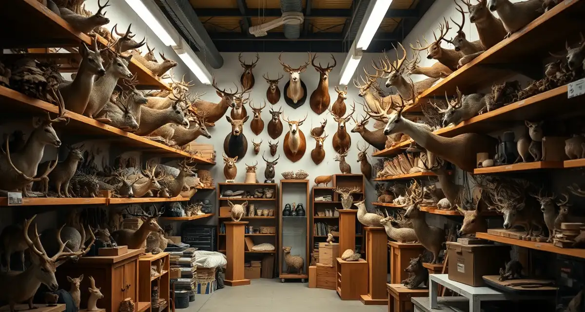 Peak season taxidermy inventory requiring adequate bailee insurance Taxidermy shop interior displaying valuable mounted specimens and inventory requiring proper bailee insurance coverage