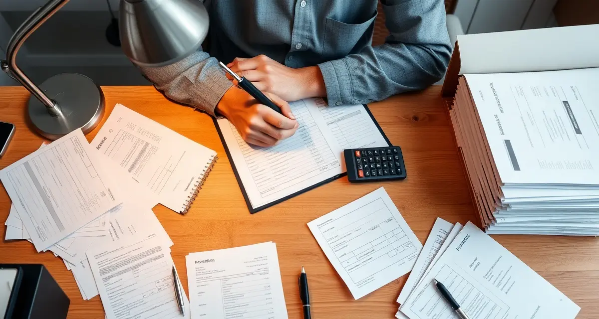 Professional bookkeeping organization for taxidermy businesses Organized taxidermy shop bookkeeping setup with ledger, calculator, and filing system for tracking business expenses and deductions.