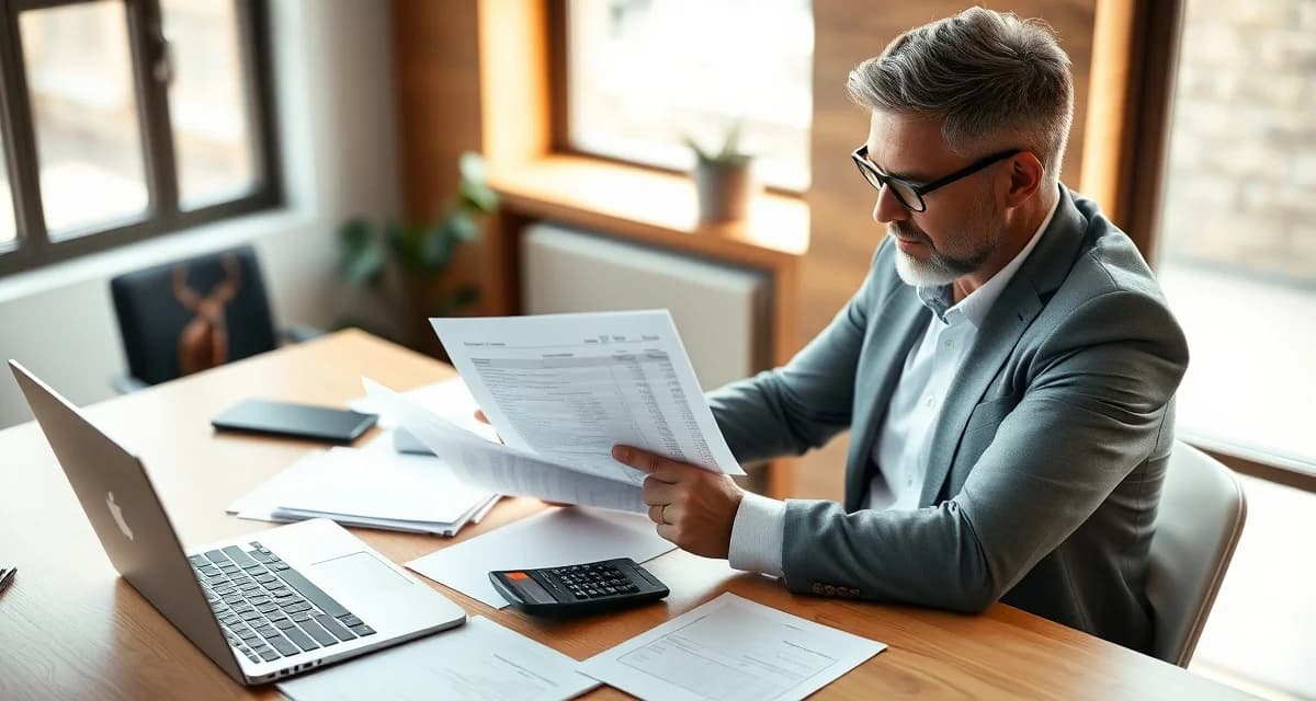 Professional business banking for taxidermy shops Taxidermist reviewing business bank account statements and financial documents at desk with laptop and calculator