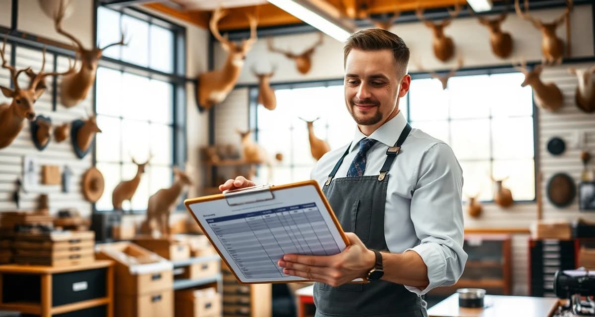 Strategic staffing planning for peak deer season operations Taxidermy shop manager organizing busy season staffing plan with intake and production workflow charts displayed