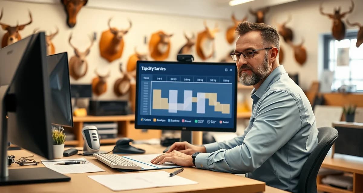 Capacity planning strategy for taxidermy businesses Taxidermy shop manager analyzing production capacity and seasonal workflow planning on computer dashboard
