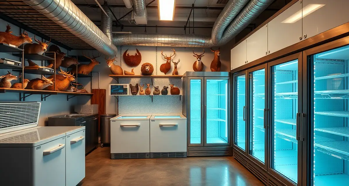 Professional Taxidermy Shop Cold Storage Setup Organized taxidermy shop cold storage room with multiple chest freezers and walk-in cooler units equipped with temperature monitoring systems.