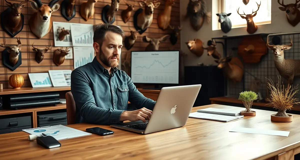 Competitor Research for Taxidermy Businesses Taxidermy shop owner researching competitor analysis and pricing strategies on laptop for business growth