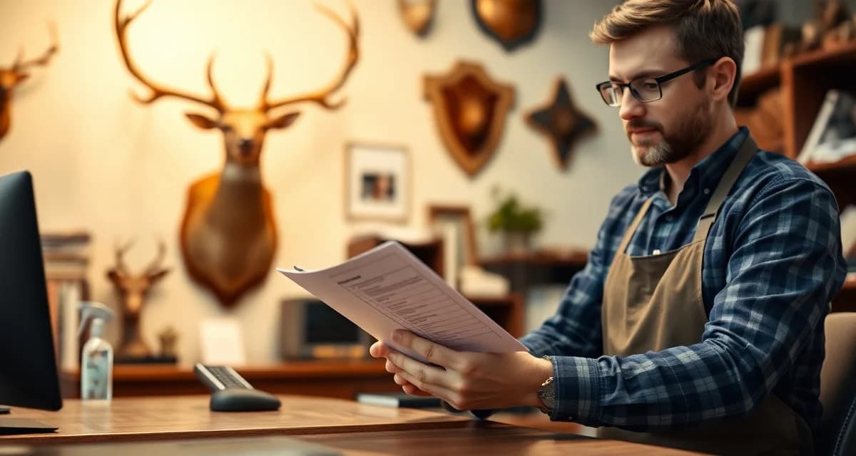 Professional complaint handling workflow for taxidermy businesses Taxidermy shop manager reviewing customer complaint procedures and response protocols at desk