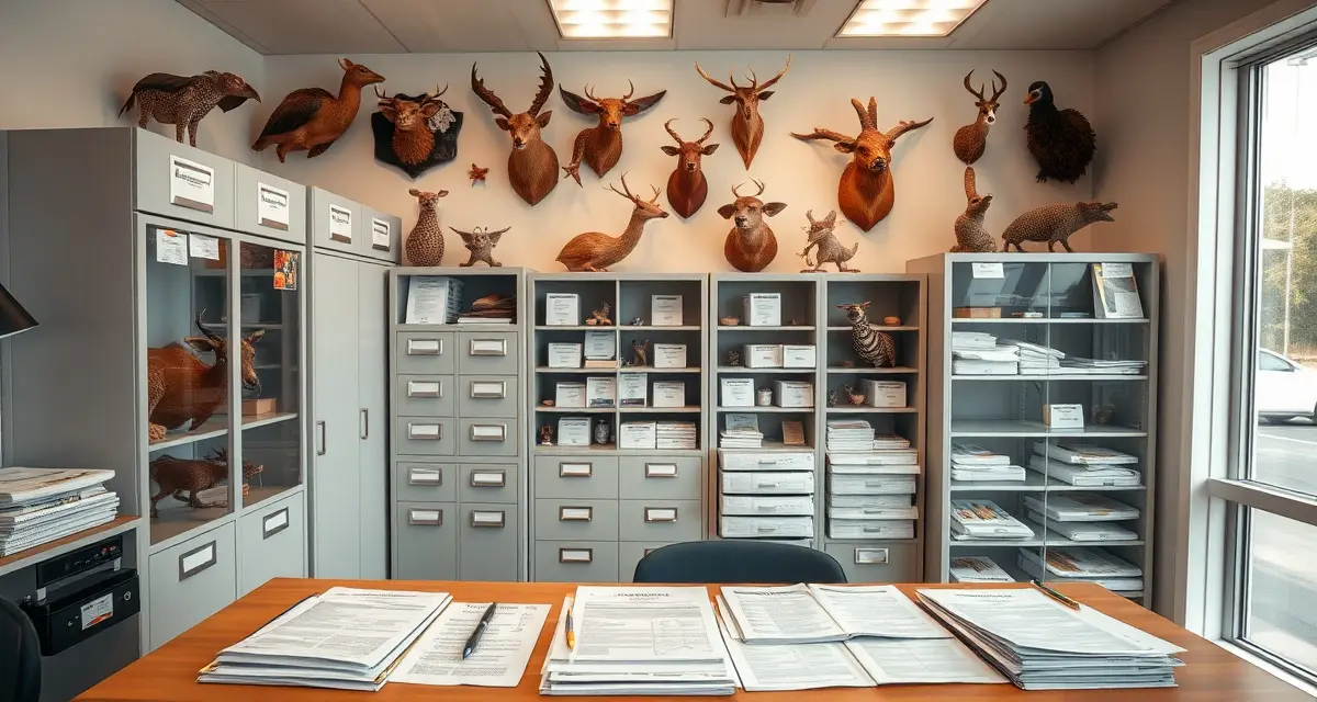 Taxidermy business legal documentation and compliance forms Organized taxidermy shop compliance documentation and required legal forms displayed on organized desk with filing system